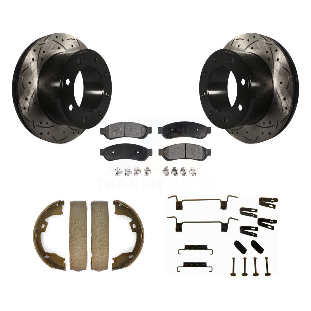 Rear Disc Drilled & Slotted Rotors Ceramic Pads Parking Shoes Hardware Kit For Ford F-350 KDT-101711