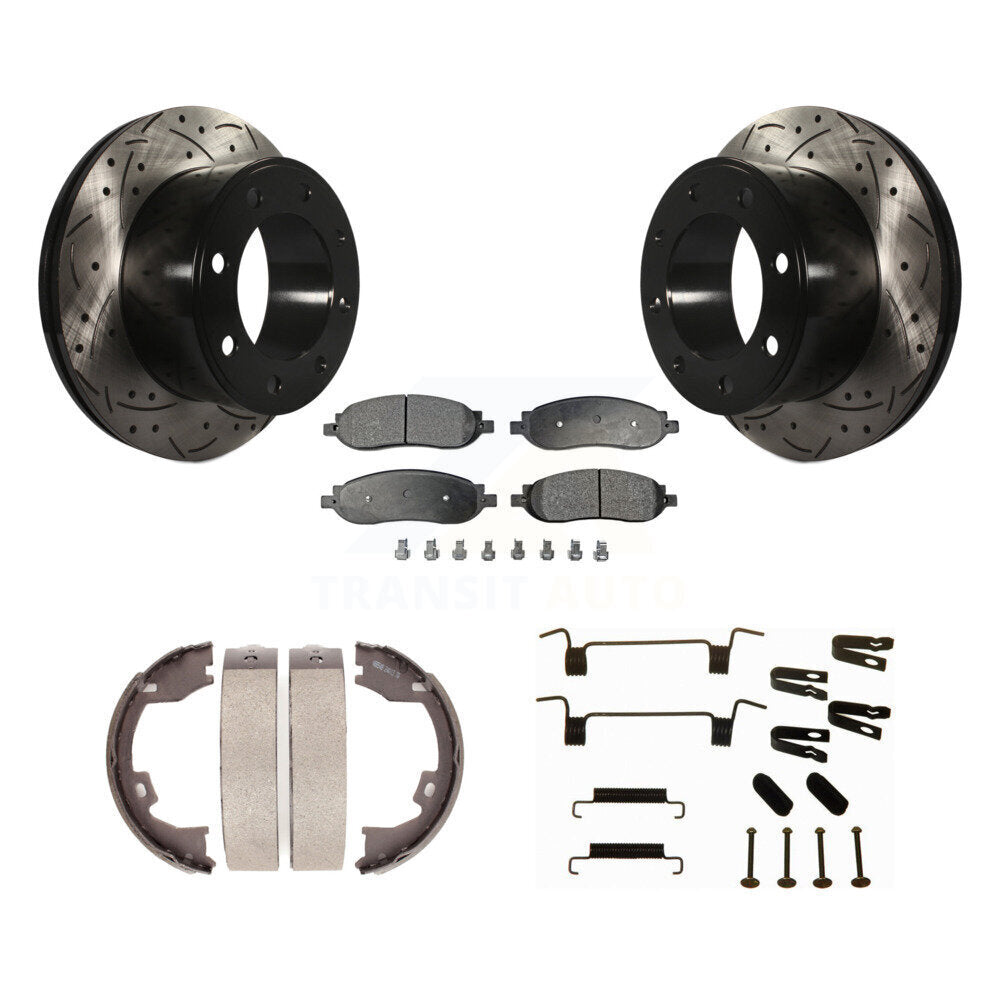 Rear Disc Drilled & Slotted Rotors Ceramic Pads Parking Shoes Hardware Kit For Ford F-350 KDT-101712