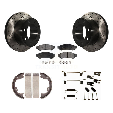Rear Disc Drilled & Slotted Rotors Ceramic Pads Parking Shoes Hardware Kit For Ford F-250 KDT-101713