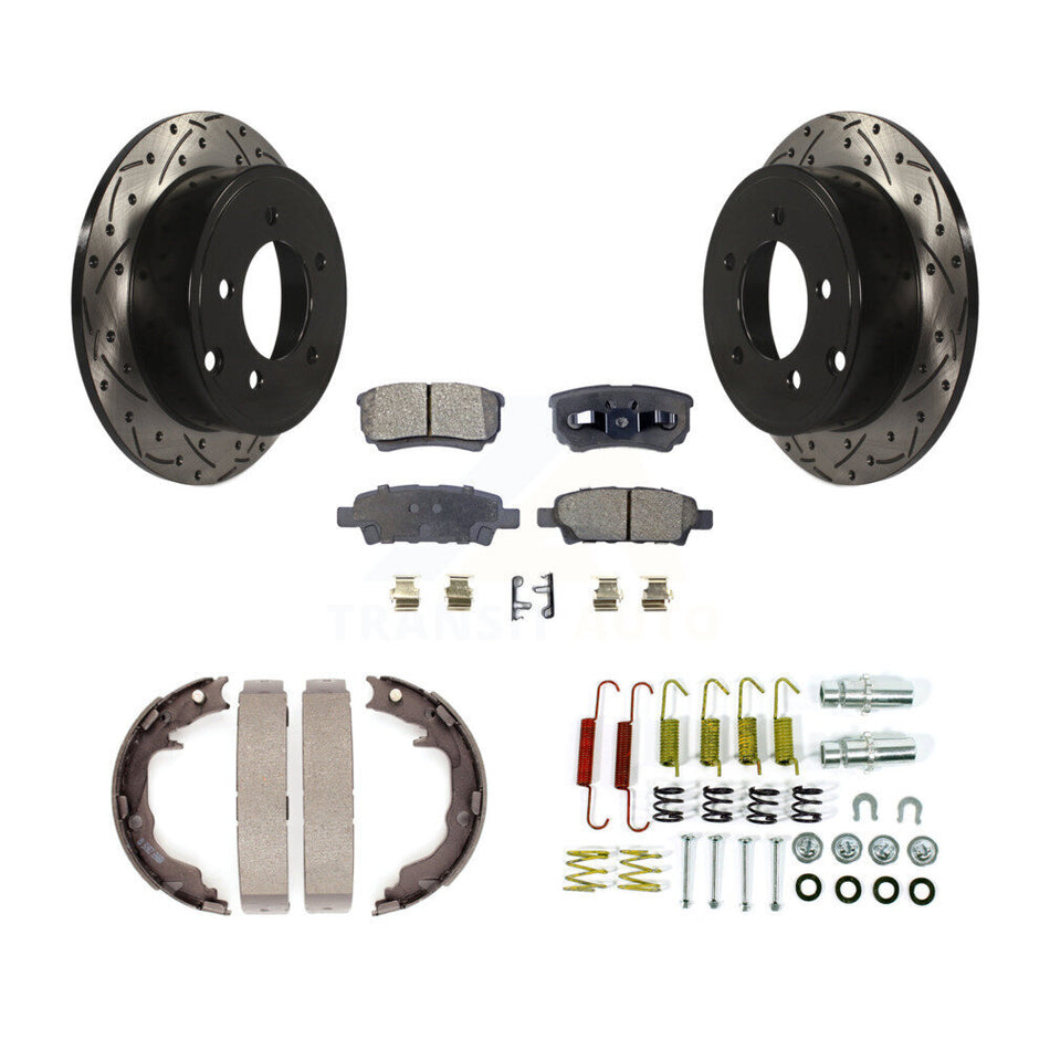 Rear Disc Drilled & Slotted Rotors Ceramic Pads Parking Shoes Hardware Kit For Jeep Dodge KDT-101714