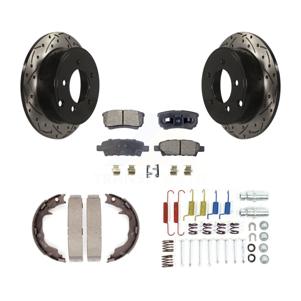 Rear Disc Drilled & Slotted Rotors Ceramic Pads Parking Brake Shoes And Hardware Kit For KDT-101716