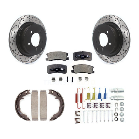 Rear Disc Drilled & Slotted Rotors Ceramic Pads Parking Shoes Hardware Kit For Mitsubishi KDT-101718