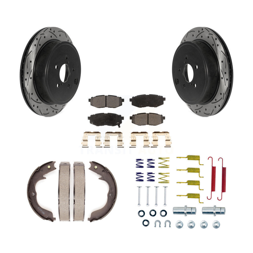 Rear Disc Drilled & Slotted Rotors Ceramic Pads Parking Shoes And Hardware Kit For Subaru KDT-101722