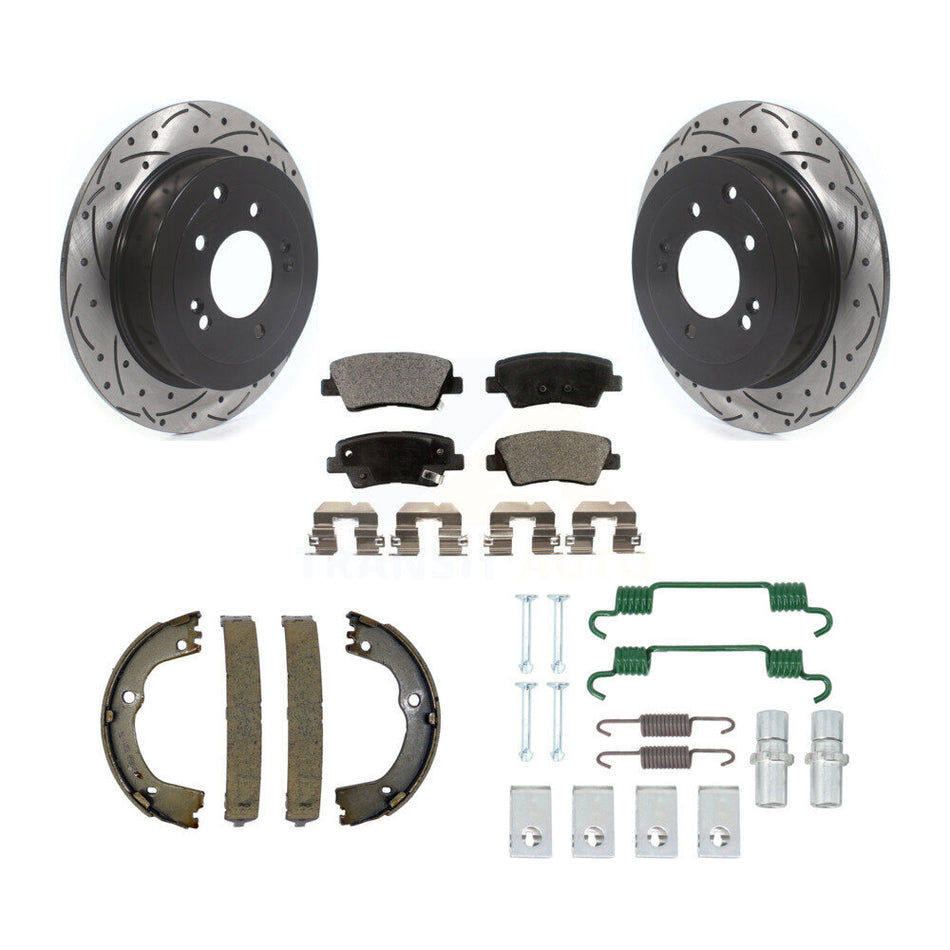 Rear Disc Drilled & Slotted Rotors Ceramic Pads Parking Shoes Hardware Kit For Hyundai KDT-101724