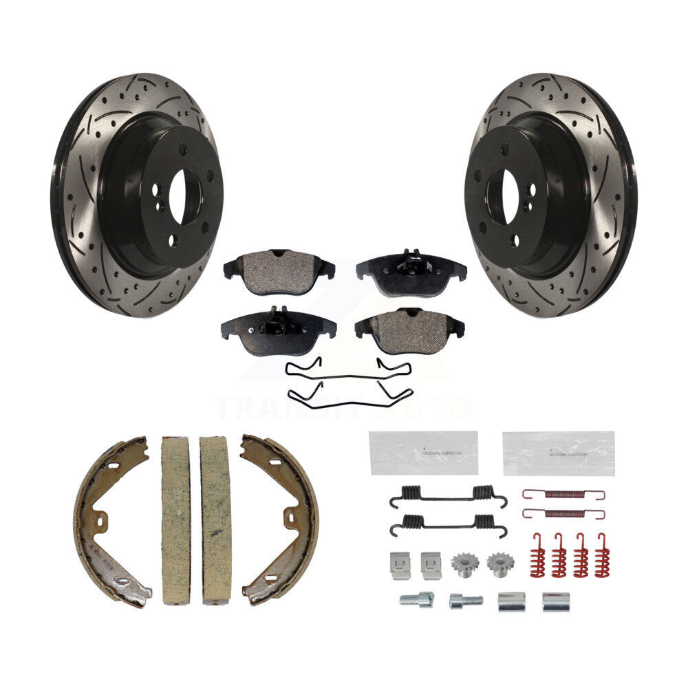 Rear Disc Drilled & Slotted Rotors Ceramic Pads Parking Shoes And Hardware Kit For GLK350 KDT-101727