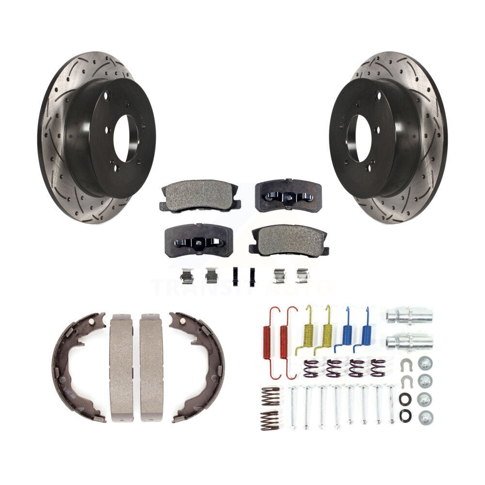 Rear Disc Drilled & Slotted Rotors Ceramic Pads Parking Brake Shoes And Hardware Kit For KDT-101729