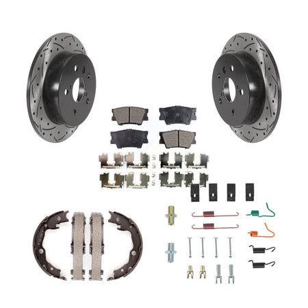 Rear Disc Drilled & Slotted Rotors Ceramic Pads Parking Brake Shoes And Hardware Kit For KDT-101732