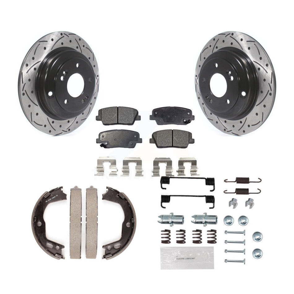 Rear Disc Drilled & Slotted Rotors Ceramic Pads Parking Brake Shoes And Hardware Kit For KDT-101734