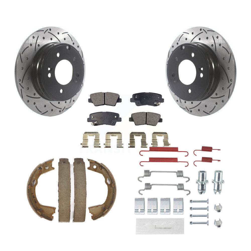 Rear Disc Drilled & Slotted Rotors Ceramic Pads Parking Shoes Hardware Kit For Hyundai KDT-101735