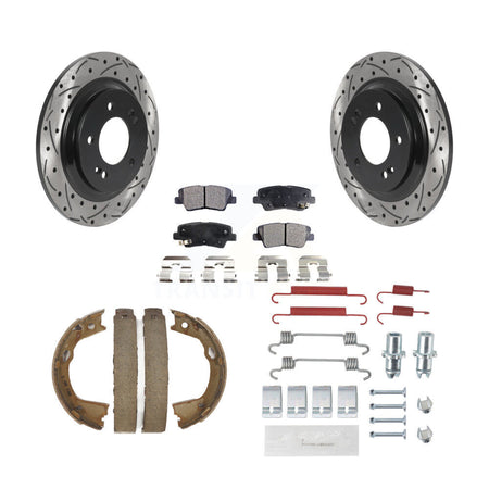 Rear Disc Drilled & Slotted Rotors Ceramic Pads Parking Shoes Hardware Kit For Kia Optima KDT-101736