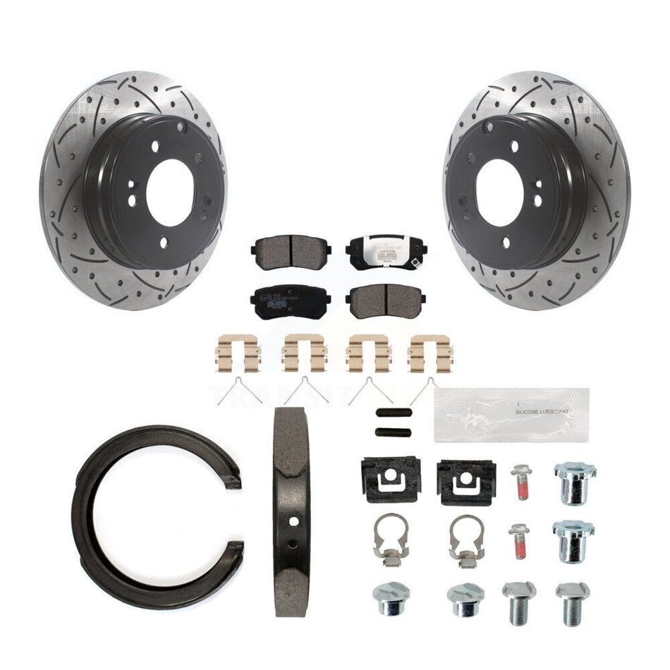 Rear Disc Drilled & Slotted Rotors Ceramic Pads Parking Shoes Hardware Kit For Kia Optima KDT-101738