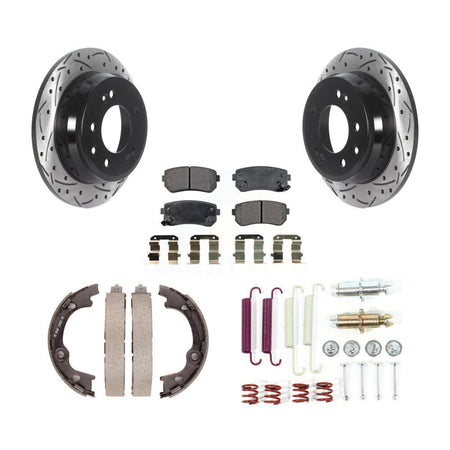 Rear Disc Drilled & Slotted Rotors Ceramic Pads Parking Brake Shoes And Hardware Kit For KDT-101741