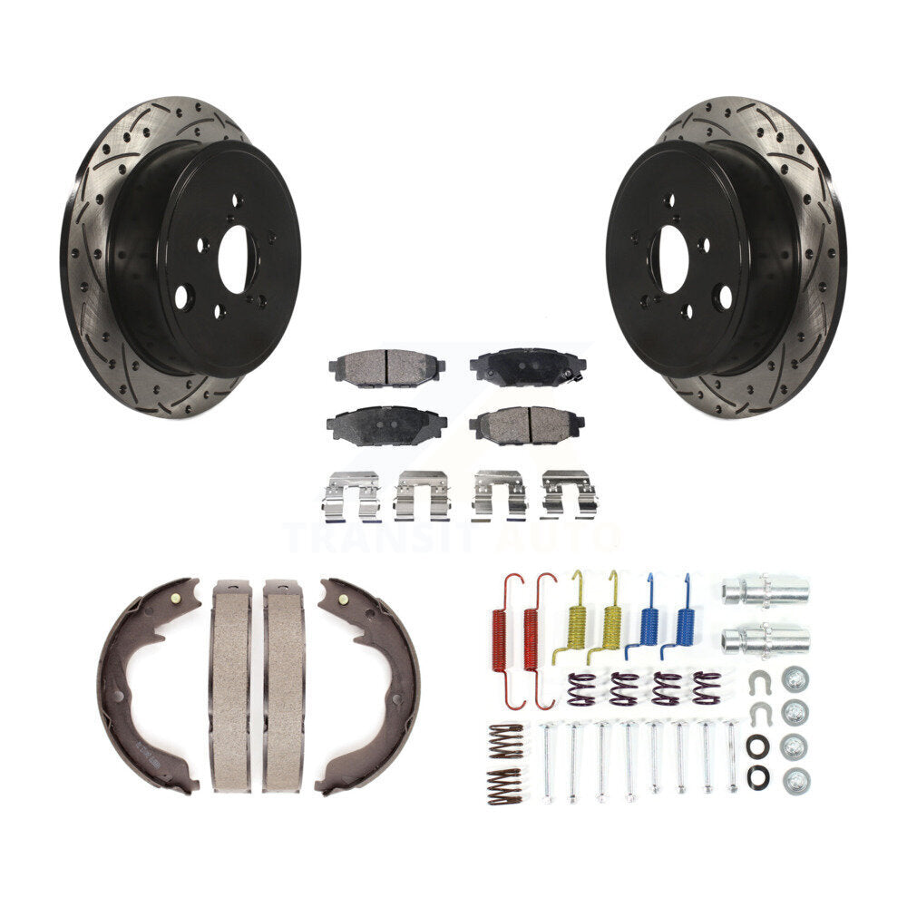 Rear Disc Drilled & Slotted Rotors Ceramic Pads Parking Shoes And Hardware Kit For Subaru KDT-101744