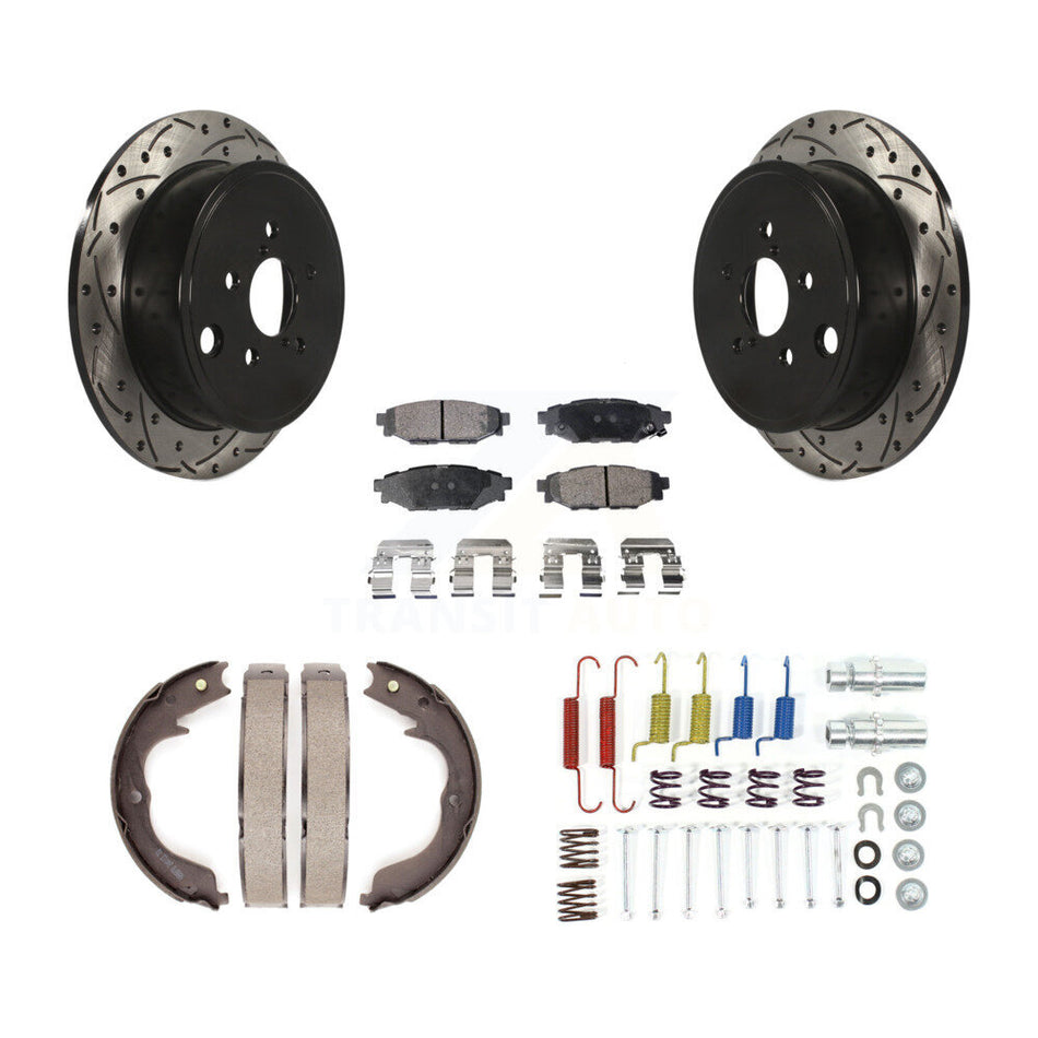Rear Disc Drilled & Slotted Rotors Ceramic Pads Parking Shoes And Hardware Kit For Subaru KDT-101744