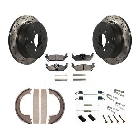 Rear Disc Drilled & Slotted Rotors Ceramic Pads Parking Shoes Hardware Kit For Ford F-150 KDT-101747