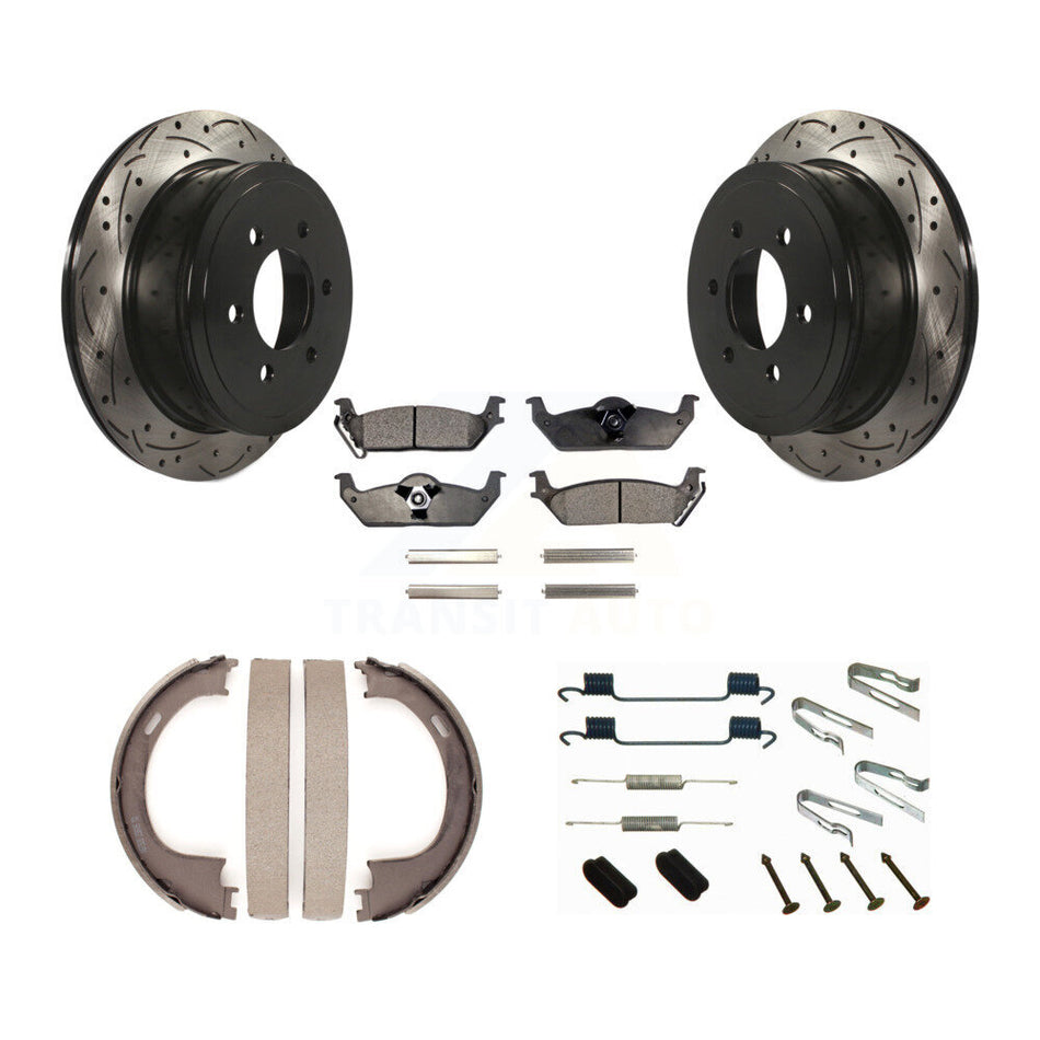 Rear Disc Drilled & Slotted Rotors Ceramic Pads Parking Shoes Hardware Kit For Ford F-150 KDT-101747