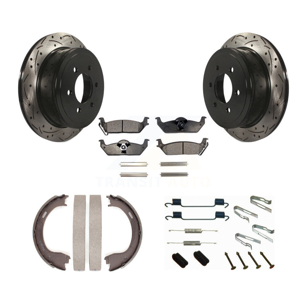 Rear Disc Drilled & Slotted Rotors Ceramic Pads Parking Shoes Hardware Kit For Ford F-150 KDT-101749