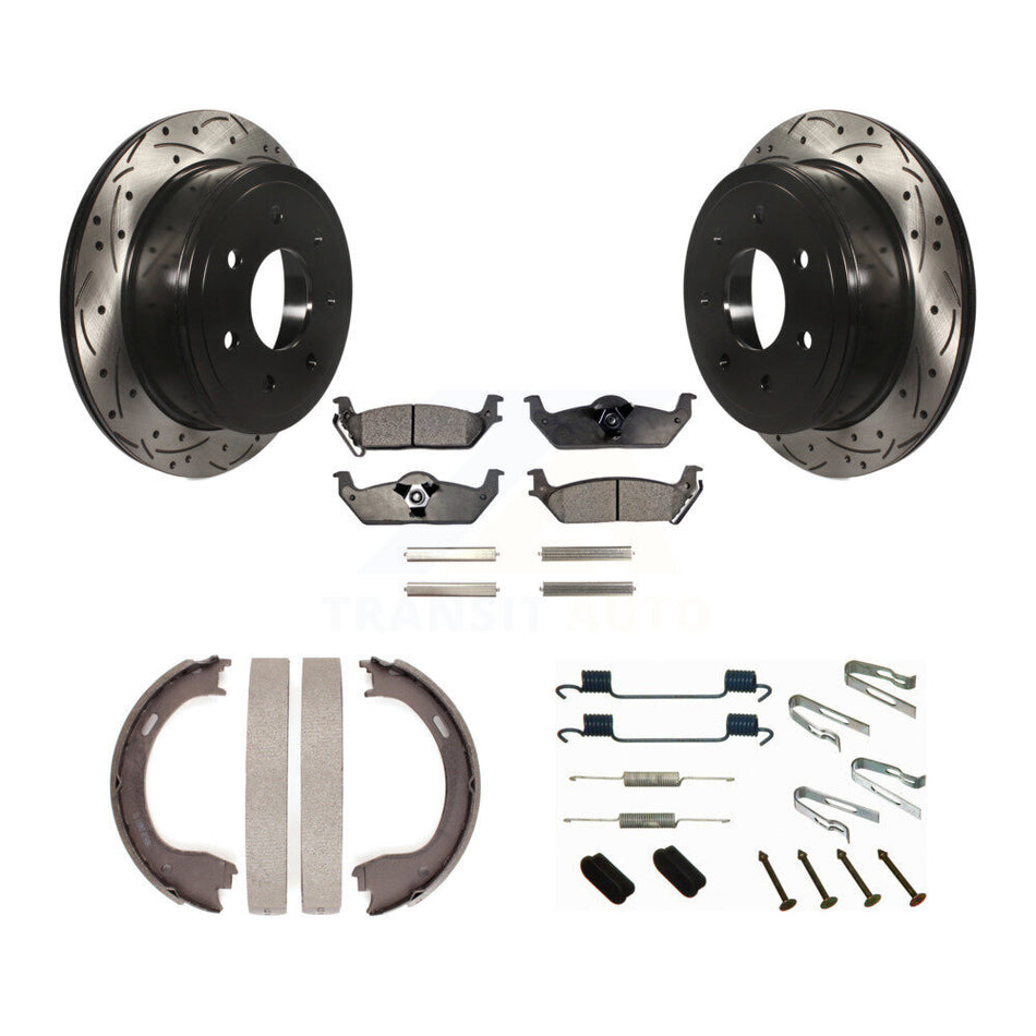 Rear Disc Drilled & Slotted Rotors Ceramic Pads Parking Shoes Hardware Kit For Ford F-150 KDT-101750