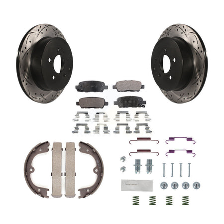 Rear Disc Drilled & Slotted Rotors Ceramic Pads Parking Shoes Hardware Kit For Nissan Q50 KDT-101752
