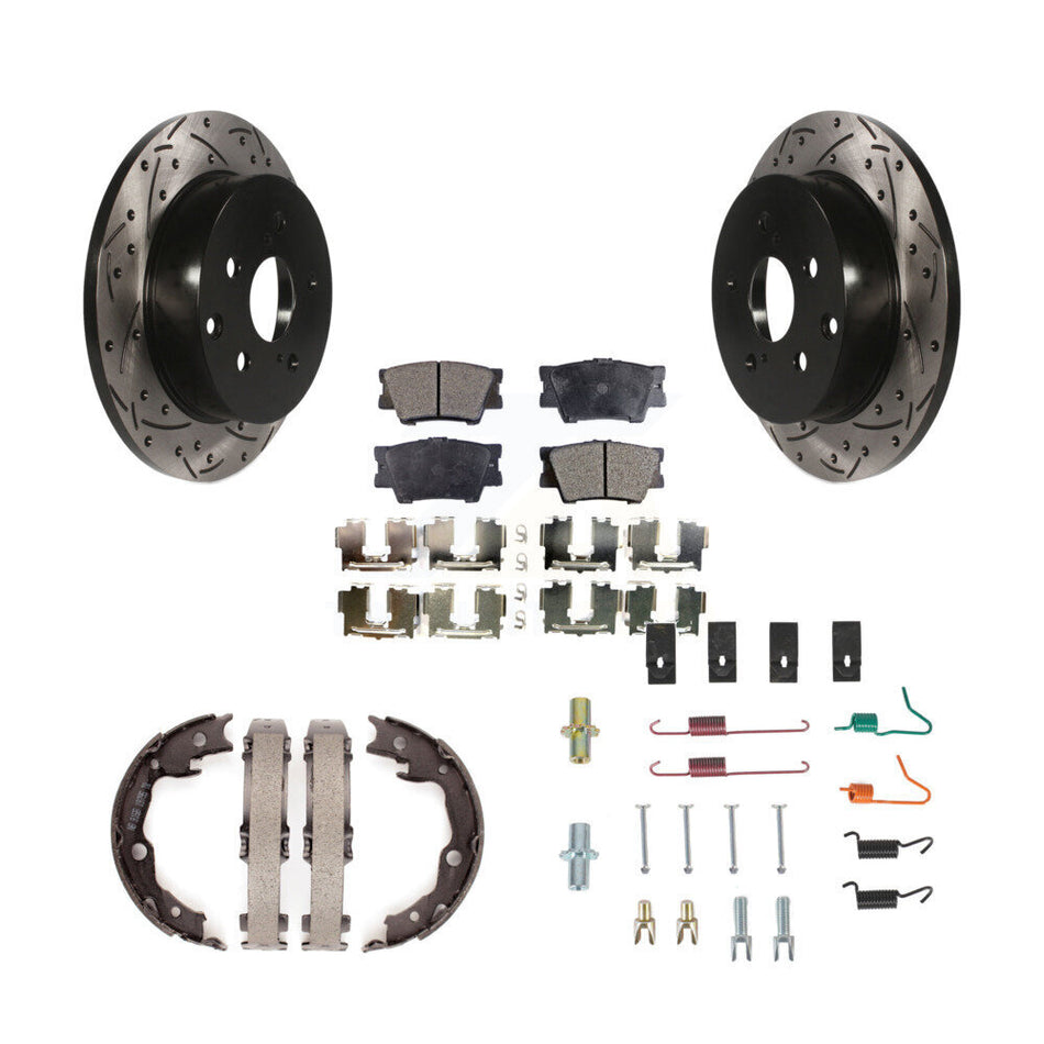 Rear Disc Drilled & Slotted Rotors Ceramic Pads Parking Shoes And Hardware Kit For Toyota KDT-101756