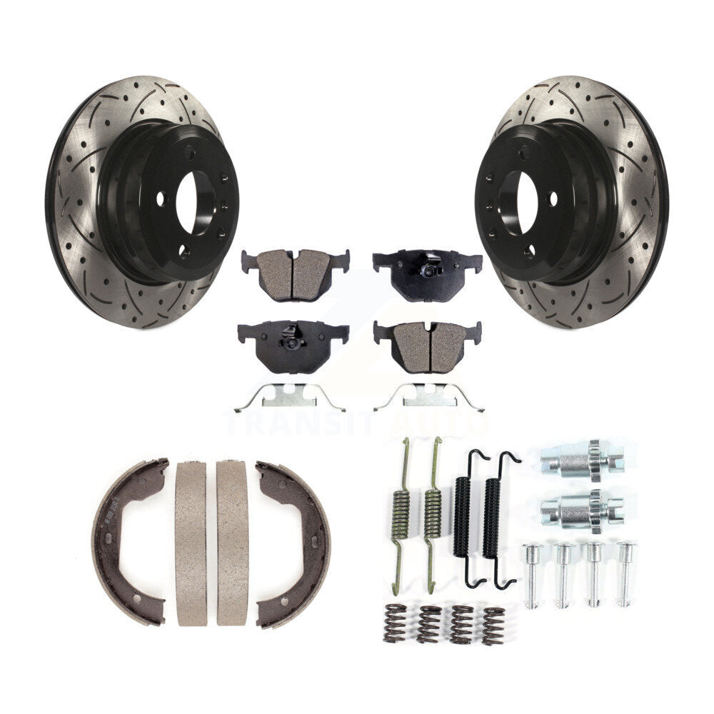 Rear Disc Drilled & Slotted Rotors Ceramic Pads Parking Shoes Hardware Kit For BMW X5 X6 KDT-101760