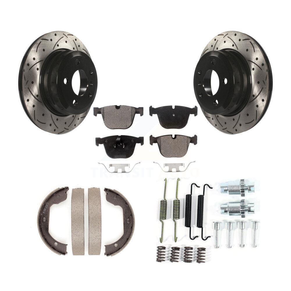 Rear Disc Drilled & Slotted Rotors Ceramic Pads Parking Shoes And Hardware Kit For BMW X6 KDT-101761