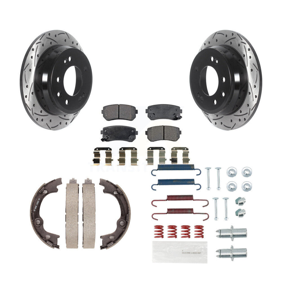 Rear Disc Drilled & Slotted Rotors Ceramic Pads Parking Brake Shoes And Hardware Kit For KDT-101762