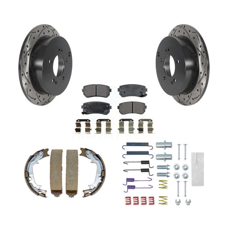 Rear Disc Drilled & Slotted Rotors Ceramic Pads Parking Shoes Hardware Kit For Hyundai KDT-101763