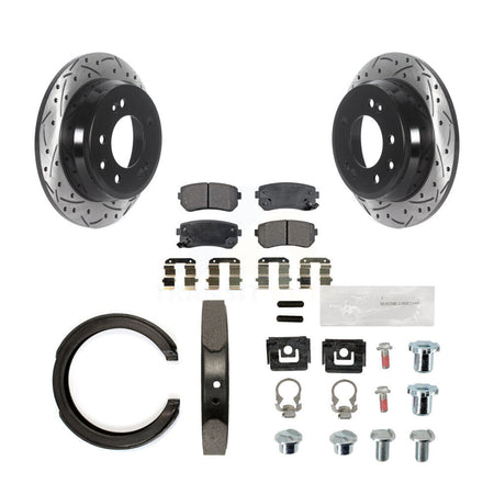 Rear Disc Drilled & Slotted Rotors Ceramic Pads Parking Brake Shoes And Hardware Kit For KDT-101764