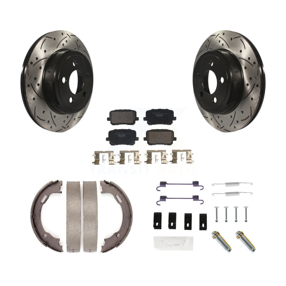 Rear Disc Drilled & Slotted Rotors Ceramic Pads Parking Brake Shoes And Hardware Kit For KDT-101765