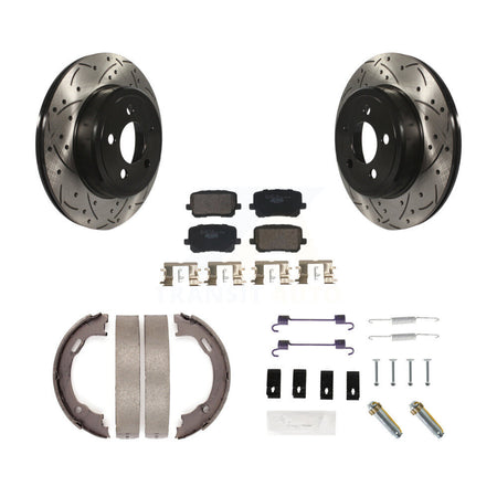 Rear Disc Drilled & Slotted Rotors Ceramic Pads Parking Brake Shoes And Hardware Kit For KDT-101765