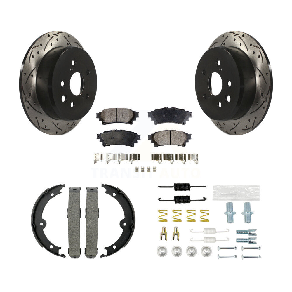 Rear Disc Drilled & Slotted Rotors Ceramic Pads Parking Brake Shoes And Hardware Kit For KDT-101769