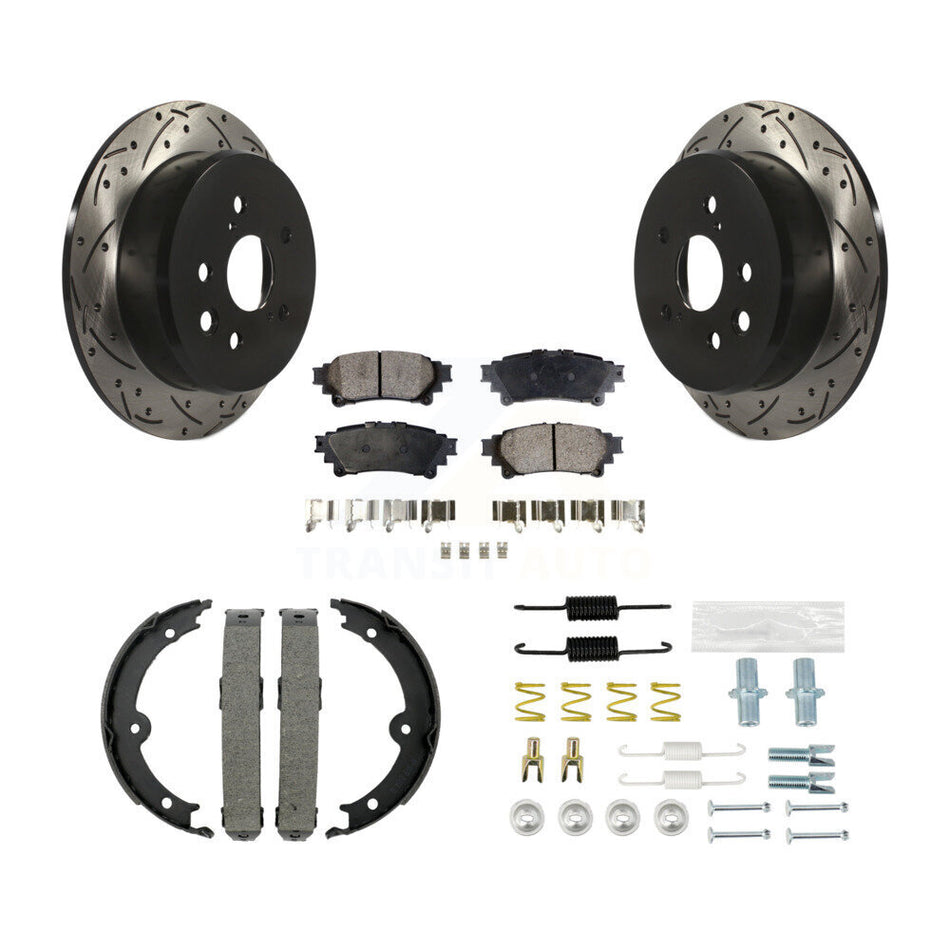 Rear Disc Drilled & Slotted Rotors Ceramic Pads Parking Brake Shoes And Hardware Kit For KDT-101769