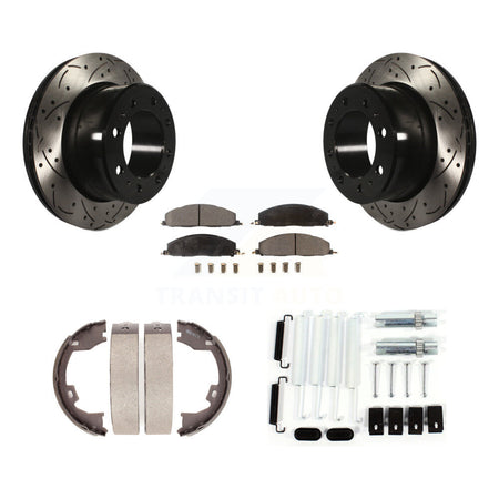 Rear Disc Drilled & Slotted Rotors Ceramic Pads Parking Shoes Hardware Kit For Ram 1500 KDT-101771