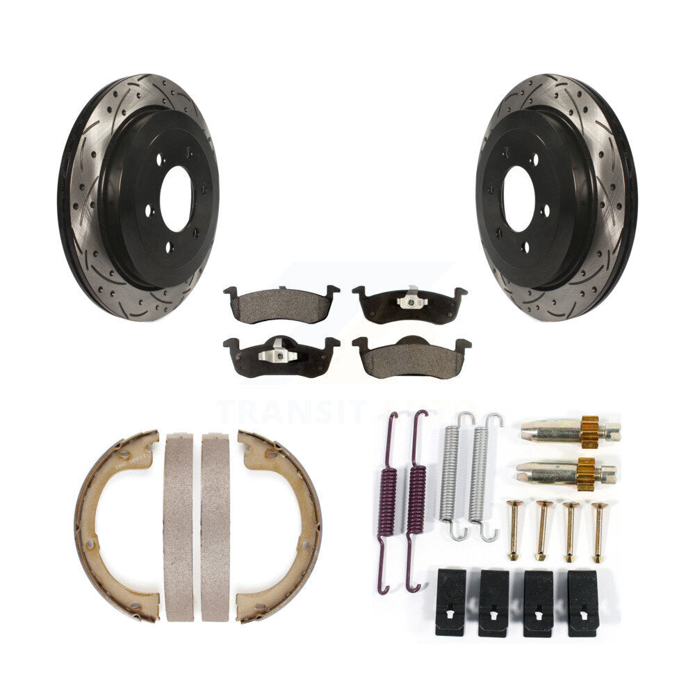 Rear Disc Drilled & Slotted Rotors Ceramic Pads Parking Brake Shoes Hardware Kit For Ford KDT-101775