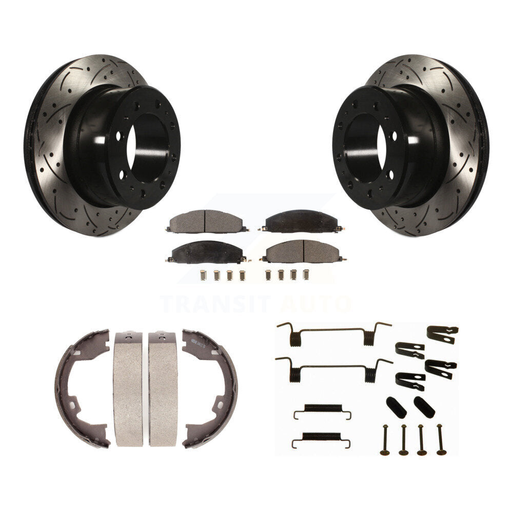Rear Disc Drilled & Slotted Rotors Ceramic Pads Parking Shoes Hardware Kit For Ram 3500 KDT-101790
