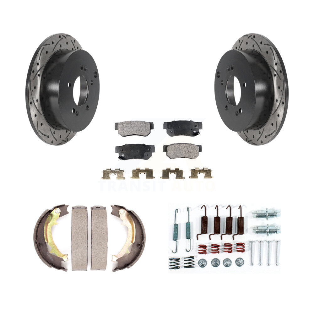Rear Disc Drilled & Slotted Rotors Ceramic Pads Parking Brake Shoes And Hardware Kit For KDT-101791