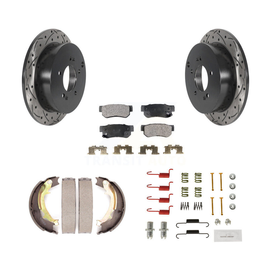 Rear Disc Drilled & Slotted Rotors Ceramic Pads Parking Shoes Hardware Kit For Hyundai KDT-101792