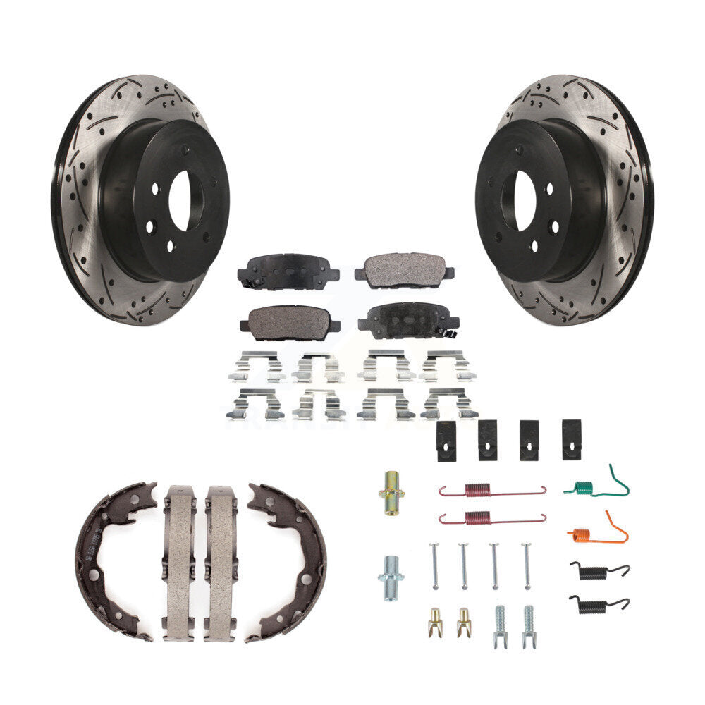 Rear Disc Drilled & Slotted Rotors Ceramic Pads Parking Shoes And Hardware Kit For Nissan KDT-101796