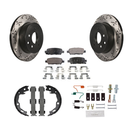 Rear Disc Drilled & Slotted Rotors Ceramic Pads Parking Brake Shoes And Hardware Kit For KDT-101797