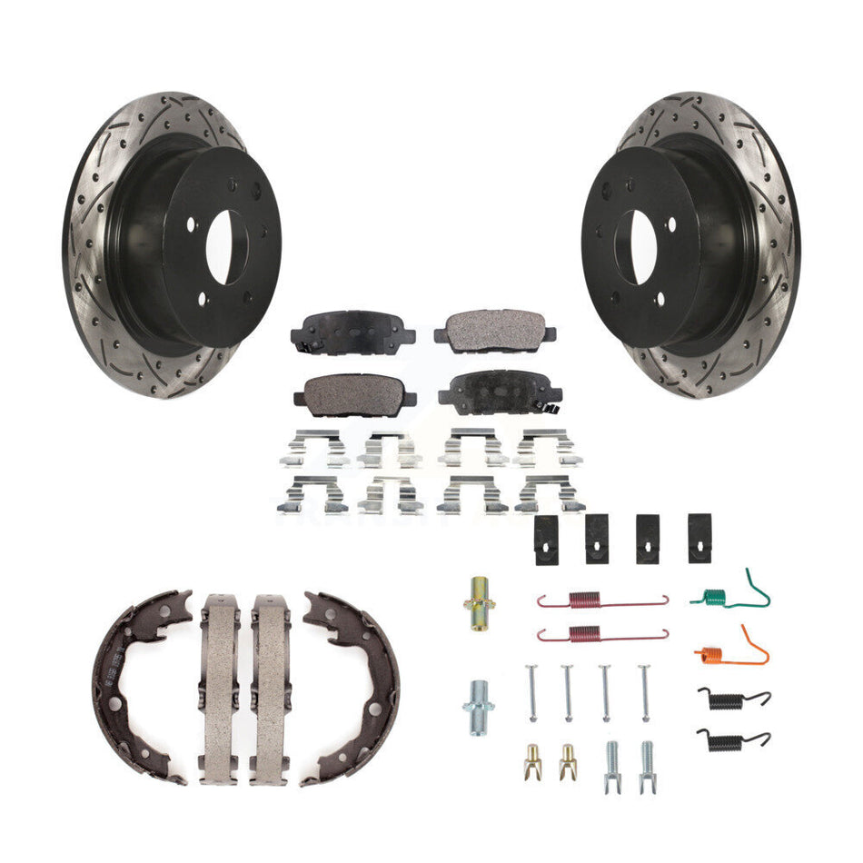 Rear Disc Drilled & Slotted Rotors Ceramic Pads Parking Shoes And Hardware Kit For Nissan KDT-101798