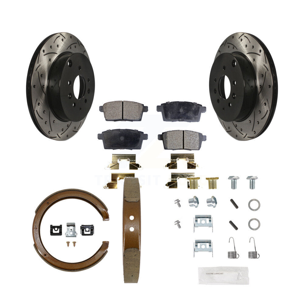 Rear Disc Drilled & Slotted Rotors Ceramic Pads Parking Shoes Hardware Kit For Mazda CX-9 KDT-101799