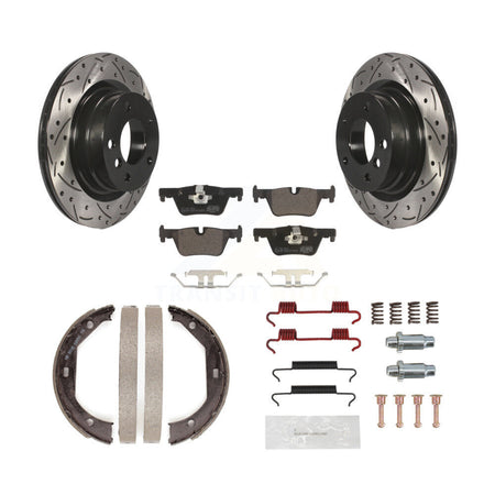 Rear Disc Drilled & Slotted Rotors Ceramic Pads Parking Shoes Hardware Kit For BMW 328i KDT-101800