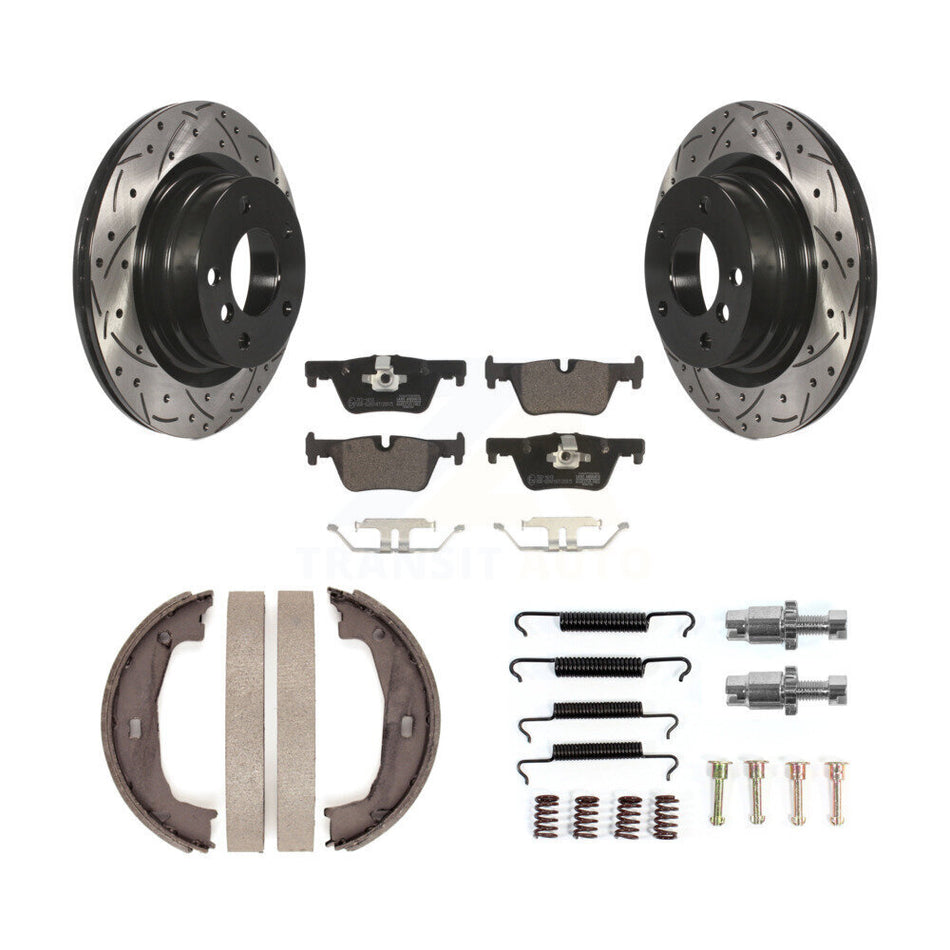 Rear Disc Drilled & Slotted Rotors Ceramic Pads Parking Shoes Hardware Kit For BMW 328i KDT-101801