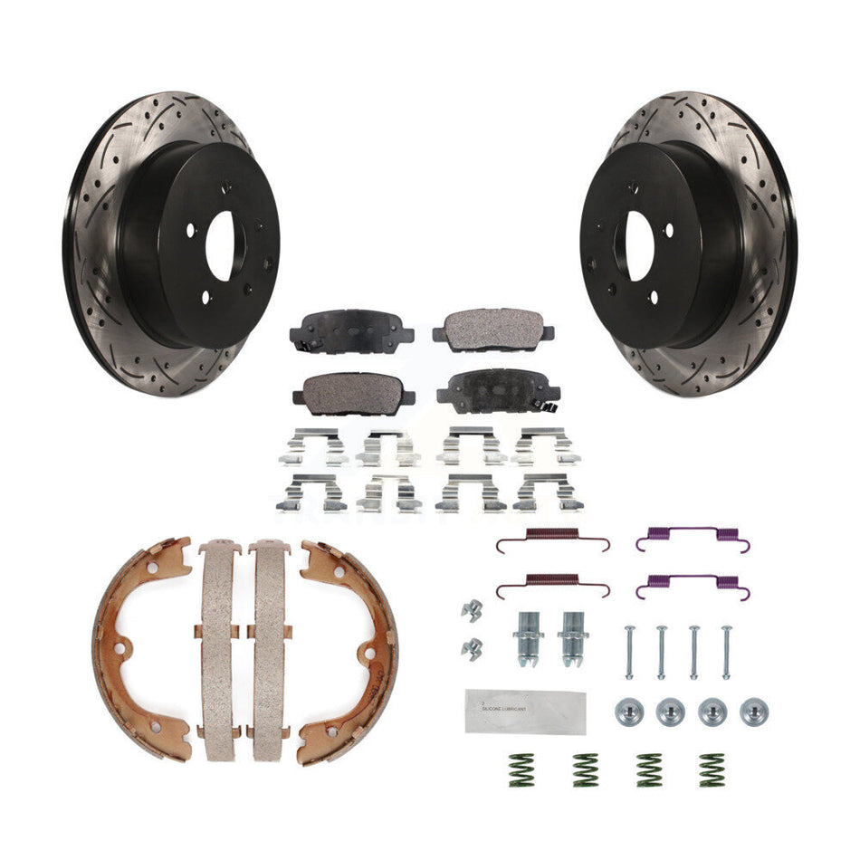 Rear Disc Drilled & Slotted Rotors Ceramic Pads Parking Shoes Hardware Kit For INFINITI KDT-101802
