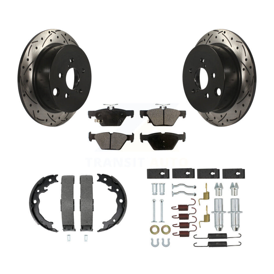 Rear Disc Drilled & Slotted Rotors Ceramic Pads Parking Brake Shoes And Hardware Kit For KDT-101803