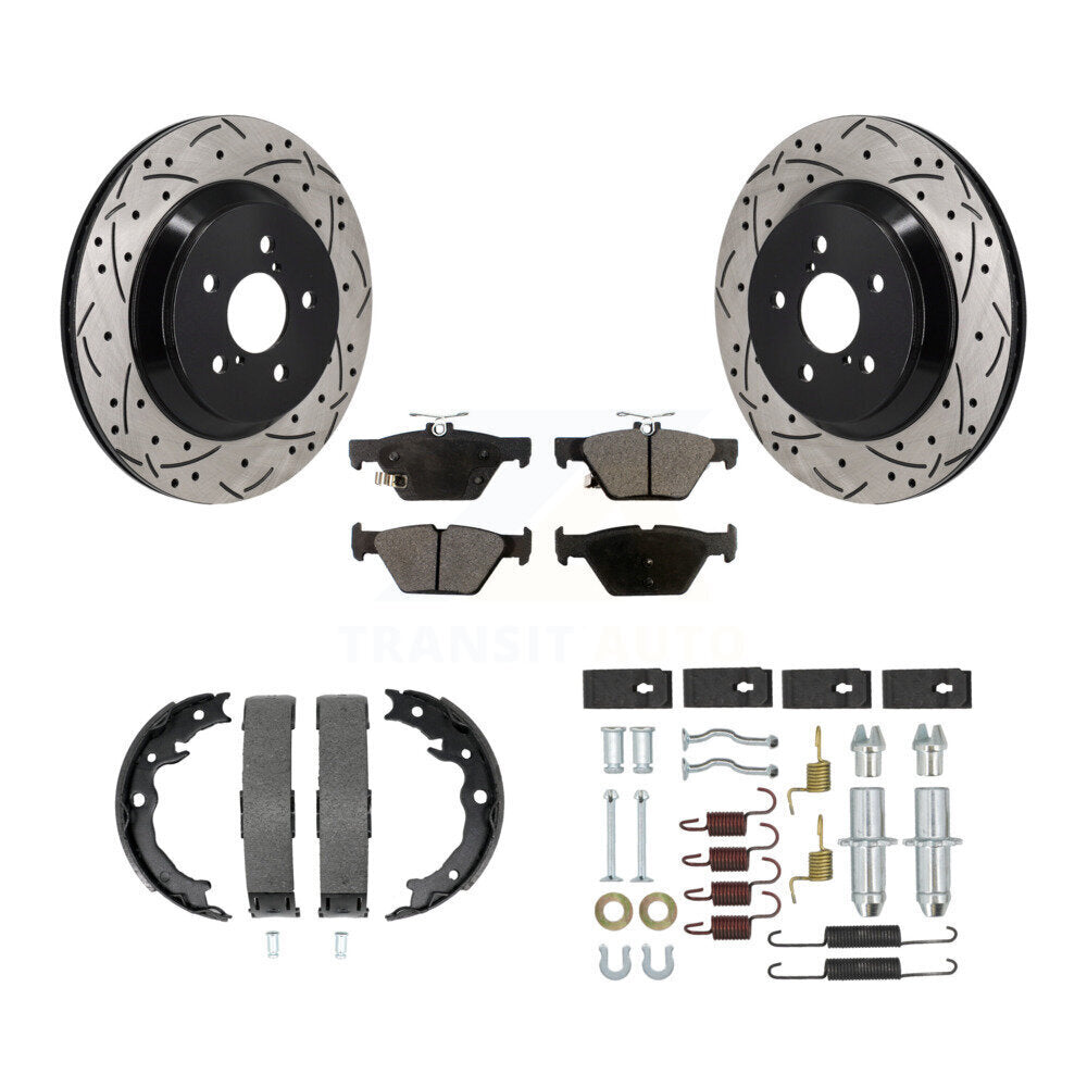 Rear Disc Drilled & Slotted Rotors Ceramic Pads Parking Brake Shoes And Hardware Kit For KDT-101804