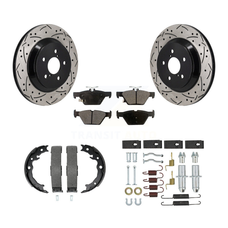Rear Disc Drilled & Slotted Rotors Ceramic Pads Parking Brake Shoes And Hardware Kit For KDT-101804