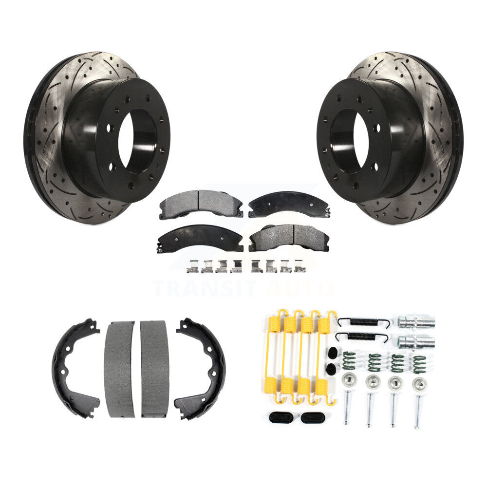 Rear Disc Drilled & Slotted Rotors Ceramic Pads Parking Shoes Hardware Kit For GMC Sierra KDT-101805