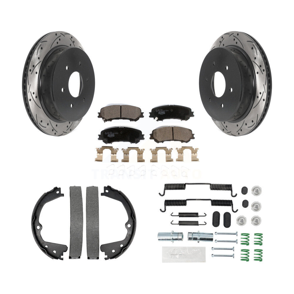 Rear Disc Drilled & Slotted Rotors Ceramic Pads Parking Brake Shoes And Hardware Kit For KDT-101808
